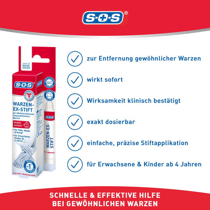 SOS Wart-Ex Pen, for the removal of ordinary, instant-acting wart pens, wart remedy with simple and precise pen application, effective from the first application, 3 ml solution