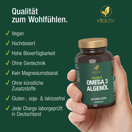 VITACTIV Omega 3 Algae Oil Capsules - 60 Capsules - Marine Omega 3 Vegan, High Dose with 1000mg Microalgae Oil per Daily Dose - 450mg Omega-3 Fatty Acids DHA &amp; EPA (2:1) - Heart, Brain, Eyes - Laboratory Tested