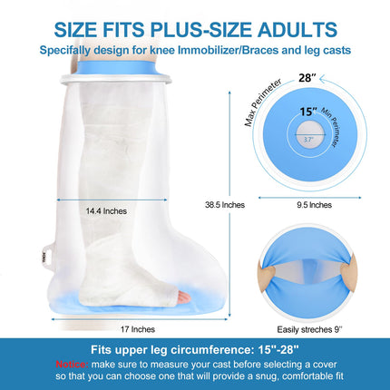 YUNCHI Shower Protector Leg Long Adult Anti Slip XL Cast Protector Waterproof Reusable Bandage Protector for Orthosis Blocks Fixator Thigh Knee Plaster Cast Bandages (Long Leg Protector XL)