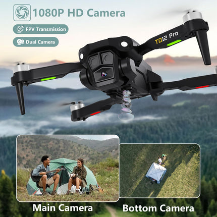 Toladrone Drone with Camera 1080P, Drone with Brushless Motor Altitude Hold Headless Mode 2 Cameras Foldable FPV Drones RC Quadcopter for Beginners TD12Pro