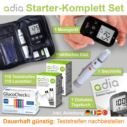 Maxi-value set: adia blood glucose meter (mg) + 110 blood glucose test strips, 110 lancets, 1 lancing device, 1 case, for blood glucose self-monitoring in diabetes
