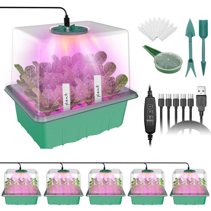 MQHUAYU Grow Box with Full Spectrum Light, 5 Pack / 60 Cells Intelligent Timer Indoor Greenhouse Grow Box with Humidity Dome, Seed Trays for Plant Cultivation