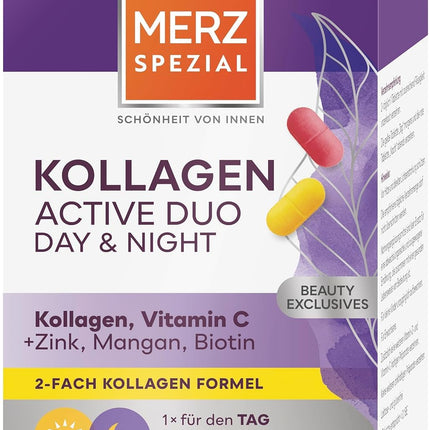 Merz Spezial Kollagen Active Duo Day &amp; Night – Beauty Complex Tablets with Collagen, Vitamin C, Zinc, Manganese + Biotin – Dietary Supplement with Dual Formula – 1 x 112 Tablets
