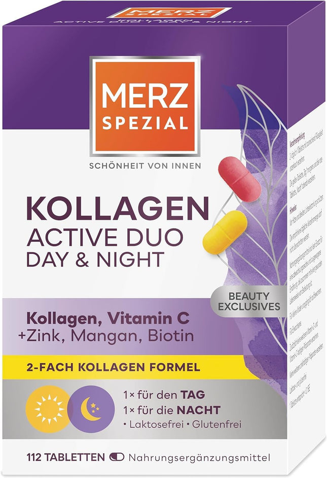 Merz Spezial Kollagen Active Duo Day &amp; Night – Beauty Complex Tablets with Collagen, Vitamin C, Zinc, Manganese + Biotin – Dietary Supplement with Dual Formula – 1 x 112 Tablets