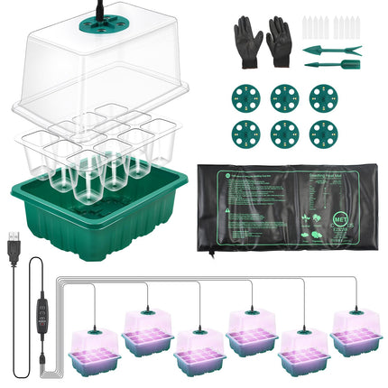 MaxAwe Indoor Greenhouse Propagator with Timing Controller and Seedling Heat Mat, 6 Pack Mini Greenhouse Propagator with 8LED Light, Seedling Starter Trays, Greenhouse Propagator for Plants