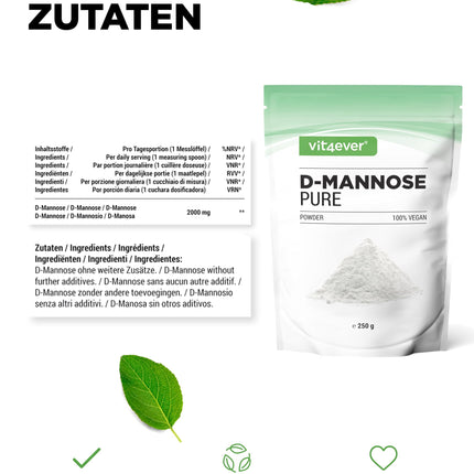 D-Mannose Powder - 250 g - (4.1 month supply) - From plant fermentation - Laboratory tested - Pure &amp; natural - No additives - Vegan