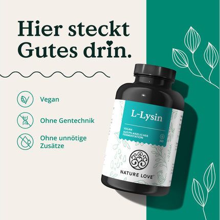 NATURE LOVE® L-Lysine - 365 vegan capsules - 1000mg L-Lysine HCL per daily dose - Lysine from plant fermentation - 6-month supply - Laboratory-tested, additive-free, and produced in Germany