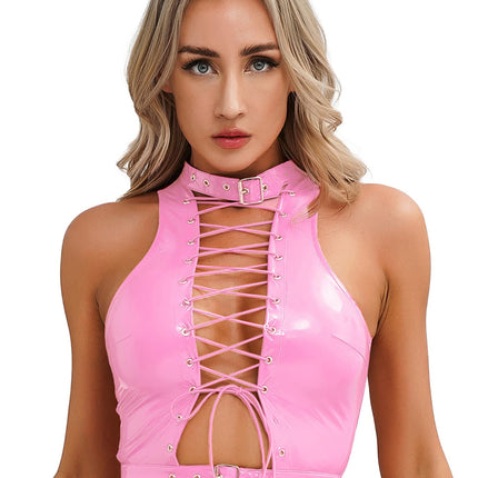 TiaoBug Women's Halterneck Bra Metallic Bikini Top Wetlook Lingerie Patent Leather Bra Backless Crop Top Lace-Up Vest Gogo Costume Pink GS