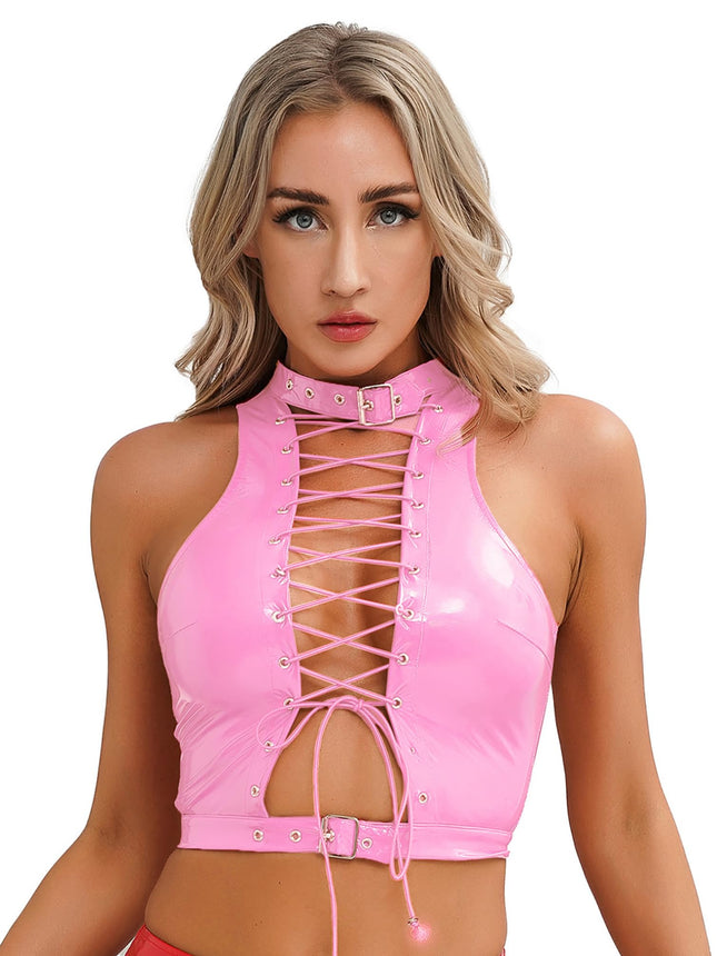 TiaoBug Women's Halterneck Bra Metallic Bikini Top Wetlook Lingerie Patent Leather Bra Backless Crop Top Lace-Up Vest Gogo Costume Pink GS