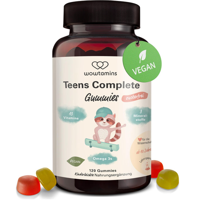 wowtamins Teens Complete sugar-free - Vitamins for teenagers (30-day supply) - Multivitamin Gummies with Omega 3 - Dietary supplement for the immune system with vitamins C, D3, B12, zinc &amp; more