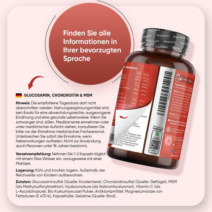Glucosamine Chondroitin &amp; MSM - 180 Capsules - Vitamin C contributes to normal collagen formation for bone and cartilage function (EFSA) - With Turmeric &amp; Hyaluronic Acid - WeightWorld