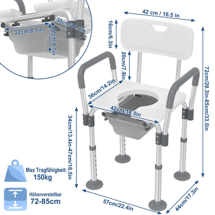 YRHome Height-adjustable aluminum toilet chair, shower chair with removable armrests and backrest, non-slip shower stool, up to 150 kg, for seniors, pregnant women, and people with limited mobility