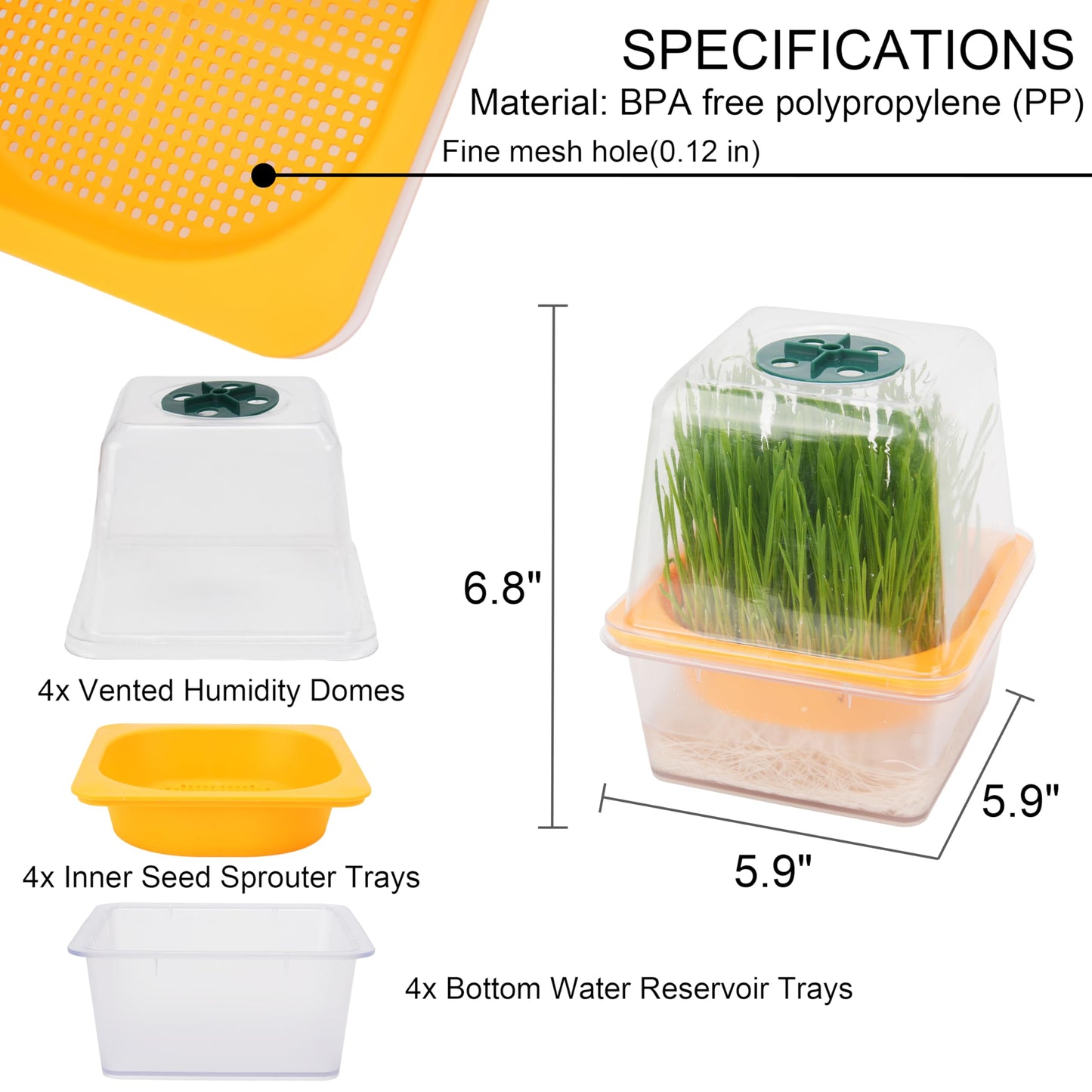 6er Set transparente Mikrogrün-Schalen mit Kunststoff-Humidity-Dom, BPA-freie Keimschale, wiederverwendbare Saatgutschale zum Anpflanzen von Katzengras, Brokkoli, Bohnensprossen und vielem mehr