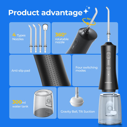 Operan Cordless Oral Irrigator, Portable Electric Dental Irrigator with 4 Modes and 4 Nozzles, 300ml Oral Irrigator, Test Winner for Removing Food Residue and Cleaning Teeth (Black, 1 Pack)