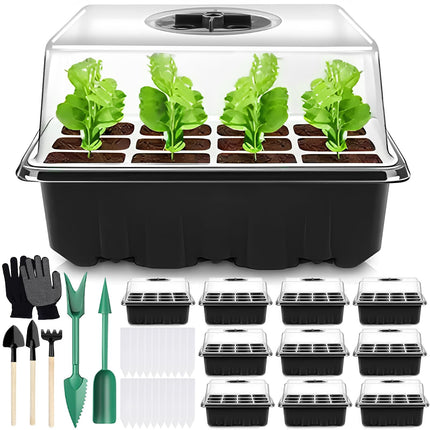 ZHHGOO Indoor Greenhouse Propagator, 10 Pack 120 Cells Mini Greenhouse Propagation Set with 3 Shovels, 2 Garden Tools, 20 Labels, Greenhouse Propagation Tray with Lid for Seedling Plant