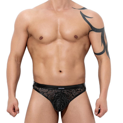 Casey Kevin String Tanga Men's Lace Thong Men Mesh Transparent PU Leather Underwear Wetlook G-String T-Back Bikini