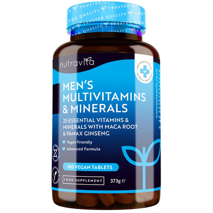 Multivitamins &amp; Minerals for Men - 25 Essential Active Vitamins &amp; Minerals with Maca Root &amp; Panax Ginseng - 180 Vegan Multivitamin Tablets - High Dosage - Nutravita