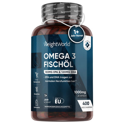 Omega 3 - 400 Capsules 1+ Year Supply - 1000mg Fish Oil per Day - Essential Omega 3 Fatty Acids with EPA &amp; DHA - For Heart, Brain &amp; Blood Pressure (EFSA) - Natural Fish Oil from Anchovies - WeightWorld