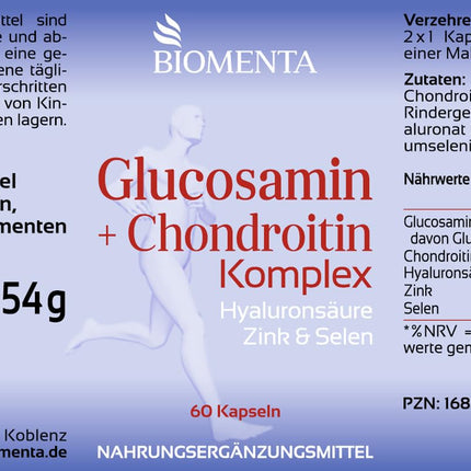 BIOMENTA Glucosamine + Chondroitin Complex - 60 allergen-free high-dose capsules with glucosamine sulfate, high-dose chondroitin sulfate + hyaluronic acid, zinc, selenium - premium quality