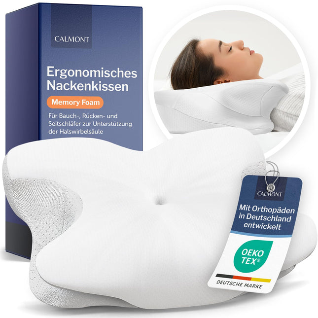 CALMONT - Orthopedic pillow for all sleep types | Neck support pillow for restful sleep | Memory foam pillow for ideal adjustment | Pillow for neck pain | Ergonomic pillow (White)