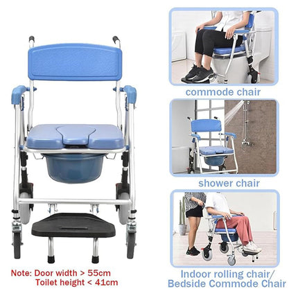 Commode chair for seniors with wheels, comfortable shower chair with armrests and soft seat, multifunctional shower and commode chair, foldable with brake