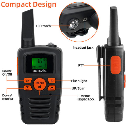 Retevis RA635 Walkie Talkie 4-pack, 16 channels, PMR446 license-free, long range, CTCSS/DCS, VOX, LED flashlight, walkie-talkies gifts for adults and children, skiing and outdoor activities