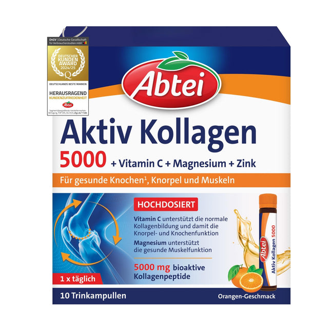 Abtei Active Collagen 5000 - For healthy bones, cartilage, and muscles - with vitamin C, magnesium, and zinc - sugar-free - 1 x 10 drinking ampoules of 25 ml each