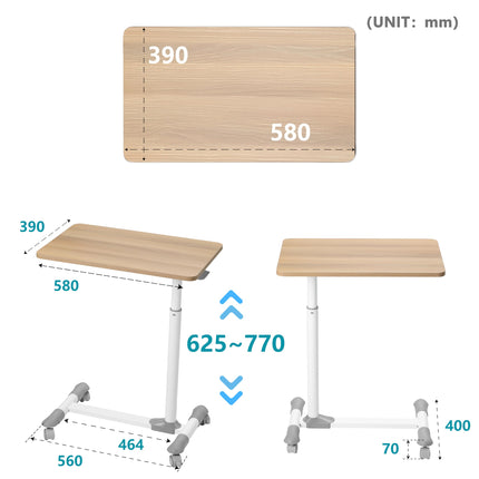 ETHU Overbed Table on Wheels, Height Adjustable 62-77 cm, Computer Desk Height Adjustable with Wheels, Workstation on Wheels for Couch, Bed, Children's Room and Home Office (Oak)