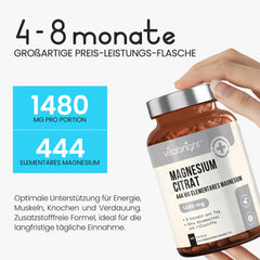 Magnesium Citrate Capsules 240, 1480mg Magnesium Complex Powder High Dose (444mg Elemental Mg) Vegan, No Additives, Magnesium Citrate Powder Laboratory/Sports, Mg Citrate VitaBright