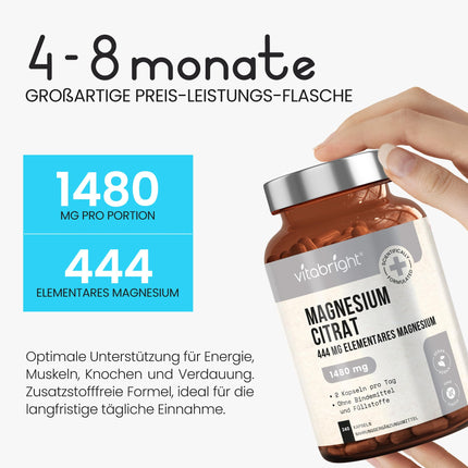 Magnesium Citrate Capsules 240, 1480mg Magnesium Complex Powder High Dose (444mg Elemental Mg) Vegan, No Additives, Magnesium Citrate Powder Laboratory/Sports, Mg Citrate VitaBright