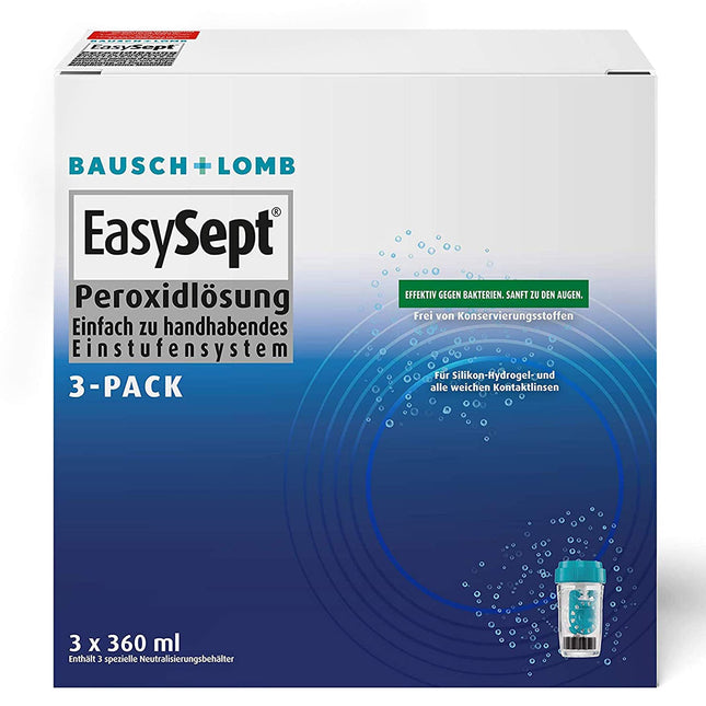 Bausch + Lomb EasySept Peroxide Solution Contact Lens Cleaner for soft contact lenses, preservative-free, with container, 3 x 360 ml