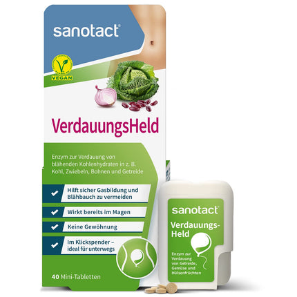 sanotact Digestive Hero (40 mini tablets) • For bloating, flatulence, feeling of fullness. Digestive tablets in a click dispenser for on the go. • Supports digestion.