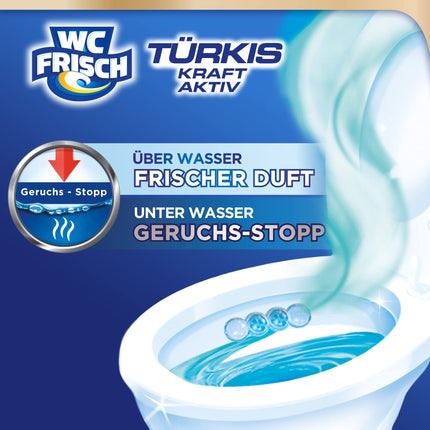 WC-Fresh Power Active Turquoise Rinse Sea Fresh (10-pack), toilet cleaner for visible cleaning with turquoise water, fragrance stones for an intensive toilet fragrance