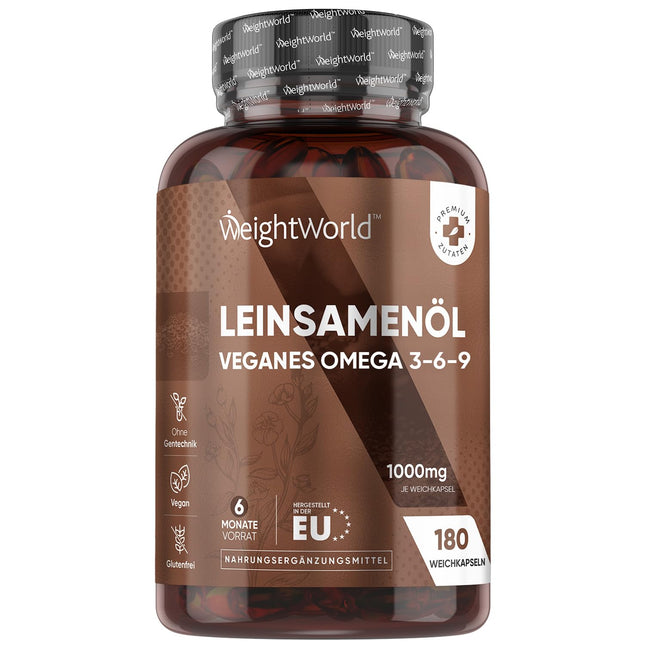 Omega 3 6 9 Softgels - From Flaxseed Oil - 180 Vegan Softgels - 1000mg per softgel - Alternative to Algal Oil - Alpha Linolenic Acid, Linoleic Acid, Oleic Acid - Flaxseed Oil - WeightWorld