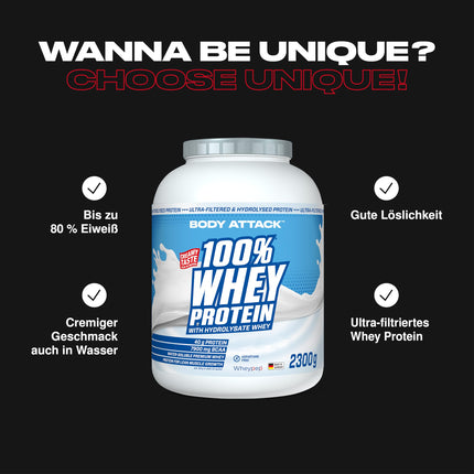 Body Attack 100% Whey Protein - Cookies n Cream, 2.3 kg - Made in Germany - extra creamy protein powder with hydrolysate and BCAAs, supports muscle building and diets, for all sportsmen and women