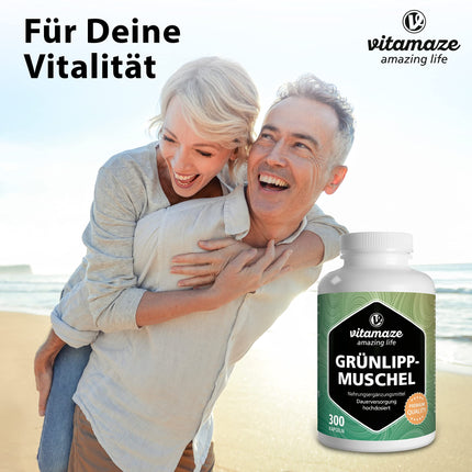 Green-lipped mussel capsules with high dosage: 1500 mg green-lipped mussel powder from New Zealand per daily dose, 300 capsules continuous supply, natural food supplement without additives, made in Germany