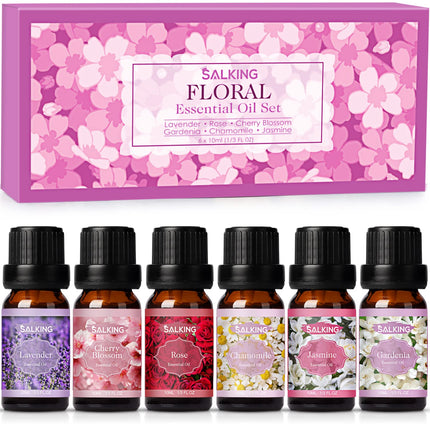 SALKING Essential Oils Set, Aromatherapy Fragrance Oil Gift Set, 100% Pure Fragrance Oils for Diffusers, Fragrance Lamps, Humidifiers, Massage, 6 x 10 ml (Lavender, Rose, Cherry Blossom, Jasmine, Gardenia, Chamomile)