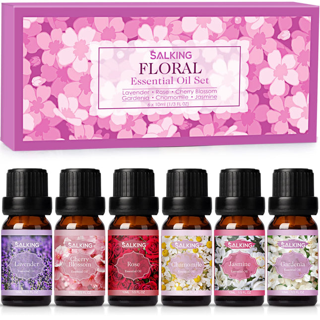 SALKING Essential Oils Set, Aromatherapy Fragrance Oil Gift Set, 100% Pure Fragrance Oils for Diffusers, Fragrance Lamps, Humidifiers, Massage, 6 x 10 ml (Lavender, Rose, Cherry Blossom, Jasmine, Gardenia, Chamomile)