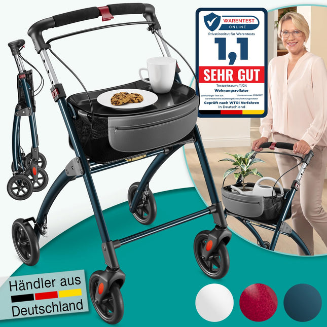 ELONEO Rollator for Homes, 54cm Wide, Foldable and Lightweight, Including Tray &amp; Fabric Basket, Narrow Rollator for Homes, Indoor Rollator, Foldable, Aluminum, Mobility for Home, Anthracite