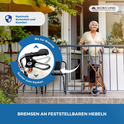 Mobiclinic, Caleta model, Rollator, Walker for seniors and disabled people, With 3 wheels, Foldable walking aid, Steel, Adjustable, Basket, Carrying bag, Brakes on the levers, Orange