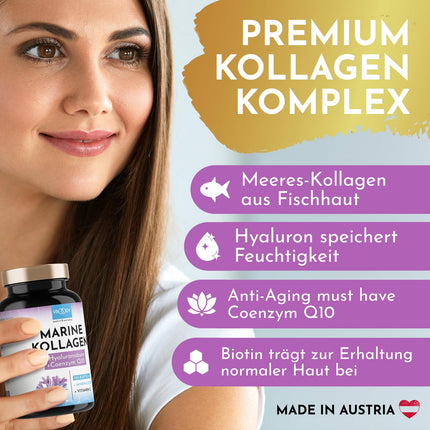Premium Marine Collagen Combo 1000mg + Q10, hyaluronic acid, copper, manganese, vitamins C, zinc, and biotin contribute to the maintenance of normal skin and hair; Made in Austria by VROODY - test result: VERY GOOD!