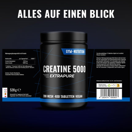 Creatine 5000 Giga Tabs High Dose - 5000mg per day - 400 Tablets - Monohydrate Tablets - Easy-to-swallow alternative to creatine capsules - 200 mesh, vegan &amp; produced in Germany