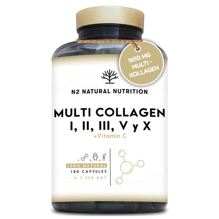 Multi Collagen Capsules High Dose 1650mg Enriched with Vitamin C. Hydrolyzed Collagen Peptides Types I, II, III, V, and X. 180 Capsules. For skin, hair, bones, and joints. N2 Natural Nutrition