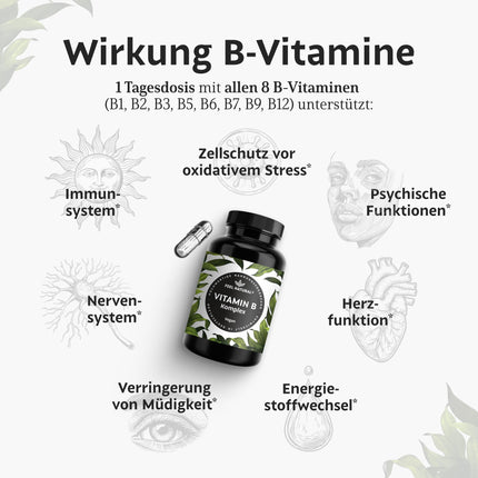 High-dose vitamin B complex - 180 vegan capsules - All 8 B vitamins (B1, B2, B3, B5, B6, B7, B9, B12) - 500µg vitamin B12 - bioactive vitamin B forms - laboratory-tested, produced in Germany