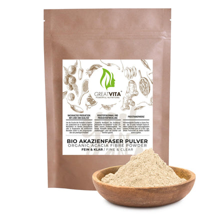 Organic Acacia Fiber Powder 400 g – E414 Gum Arabic Type 4918 | 90% fiber, soluble &amp; tasteless | vegan, gluten-free, non-GMO | Made in Germany - DE-ÖKO-037 | GreatVita