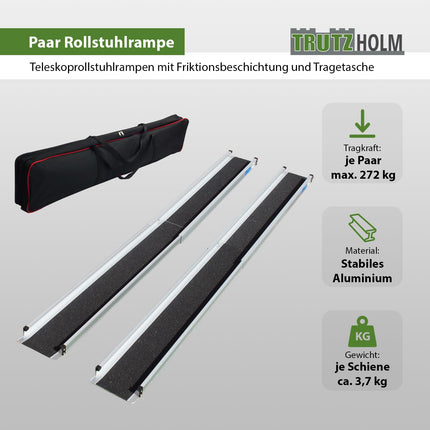 TRUTZHOLM wheelchair ramp, telescopic ramp, 120-213 cm, loading ramp, access ramp, pair | 270 kg | anti-slip coating, lightweight in a textile bag (213)
