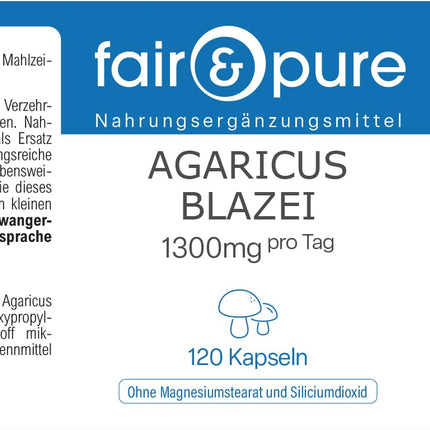 Fair &amp; Pure® - Agaricus Blazei 1300mg - 120 Capsules - ABM - Agaricus Blazei Murill - Medicinal Mushroom - Vegan - Natural - Without Magnesium Stearate