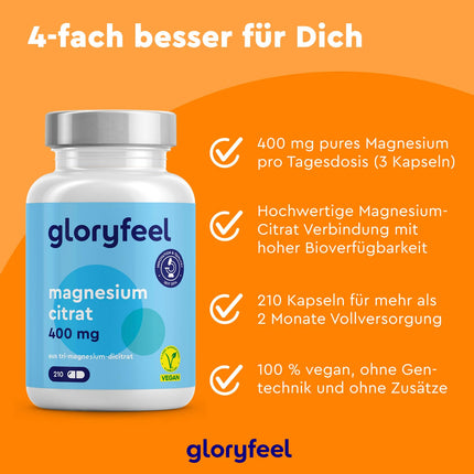Magnesium Citrate Capsules - 2500mg, of which 400mg elemental magnesium per day - 210 Capsules Tri-Magnesium Citrate High Dose - Vegan, laboratory-tested, made in Germany without additives