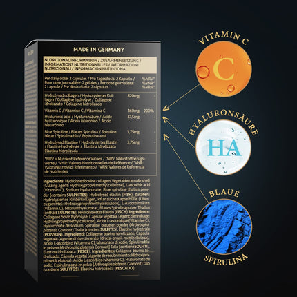 Satin Naturel Collagen Complex with Hyaluronic Acid - 180 Capsules - High-Dose Hyaluronic Acid Collagen Capsules - Enriched with Vitamin C, Elastin, and Spirulina - No Additives - Made in Germany
