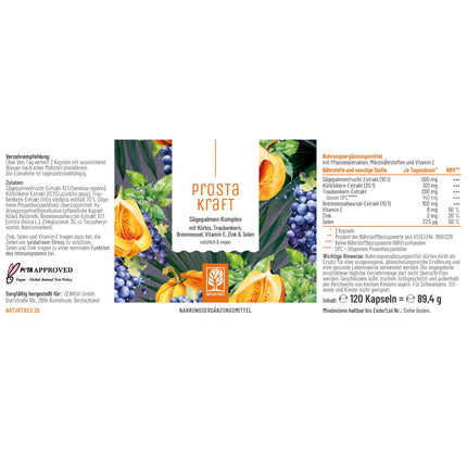 NATURTREU® Prostakraft - 120 vegan capsules with high dosage of saw palmetto extract (500 mg), nettle, pumpkin seed with vitamin E, zinc, selenium - 2-month supply